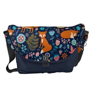 Red Foxes & Retro Flowers Illustration Pattern Courier Bags