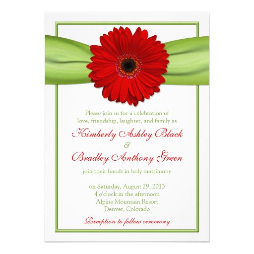 Red Gerber Daisy Green Ribbon Wedding Invitation