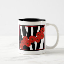 RED GERBERA DAISIES ON ZEBRA PRINT MUG