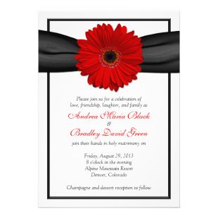 Red Gerbera Daisy Black Ribbon Wedding Invitation
