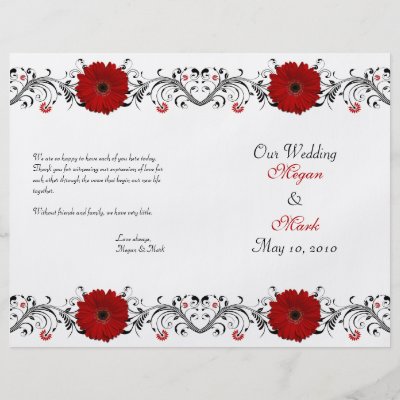 The text and background color on this red gerbera daisy wedding program is