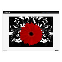 Red Gerbera Daisy on Black Laptop Skin
