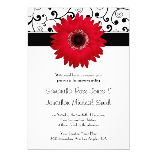 Red Gerbera Daisy with Black Scroll Design Wedding Personalized Announcements