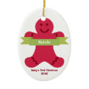 Red gingerbread kid green banner name baby first ornament