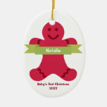 Red gingerbread kid green banner name baby first ornament