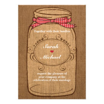 Red Gingham & Burlap Mason Jar Wedding Announcements