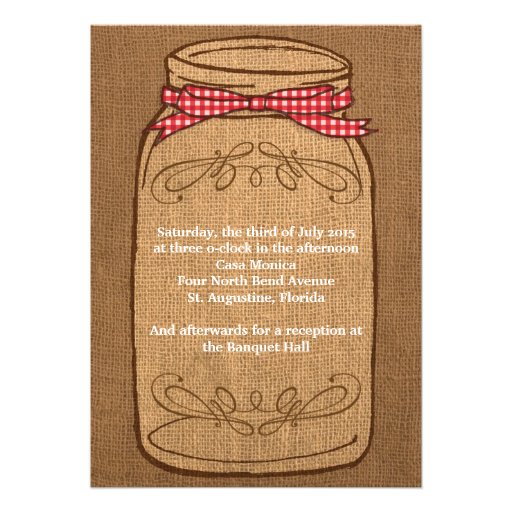 Red Gingham & Burlap Mason Jar Wedding Announcements