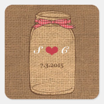 Red Gingham & Burlap Mason Jar Wedding Square Stickers