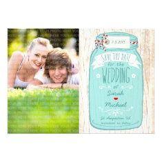Red Gingham & Mint Mason Jar Photo Save the Date Cards