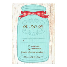Red Gingham & Mint Mason Jar RSVP Personalized Invitation