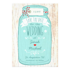 Red Gingham & Mint Mason Jar Save the Date Custom Announcements