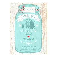 Red Gingham & Mint Mason Jar Save the Date Custom Invites