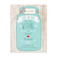 Red Gingham & Mint Mason Jar Save the Date Post Cards