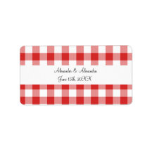 Red gingham pattern wedding favors address label