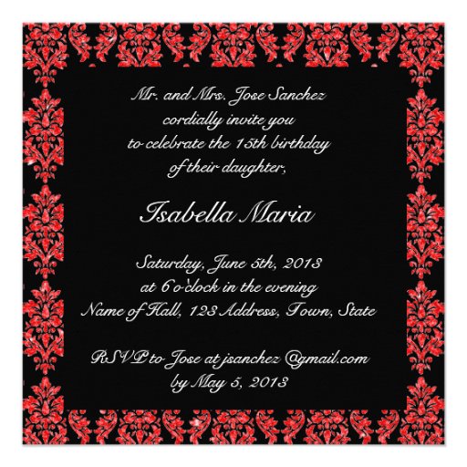 RED GLITTER EFFECT BLACK DAMASK QUINCEANERA CUSTOM INVITATION