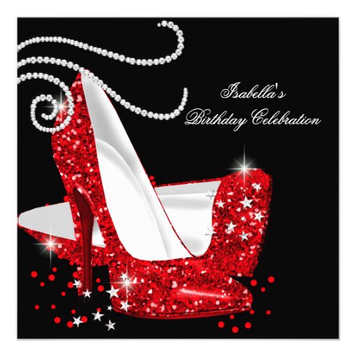 Red Glitter High Heels Black Birthday Party Personalized Invitation