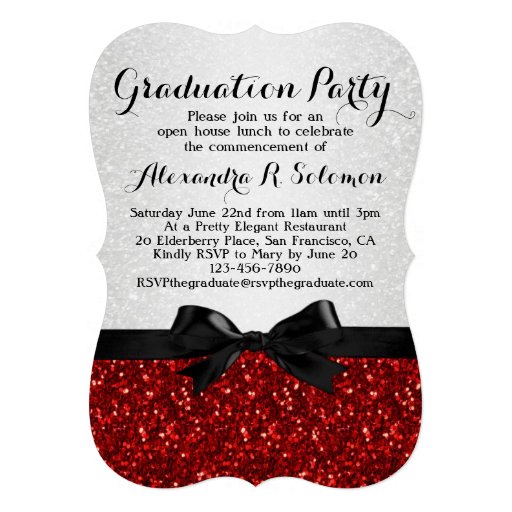Red Glitter-look Bow Graduation Party Invitation (front side)