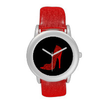Red glitter look glam high heel shoe watch at Zazzle