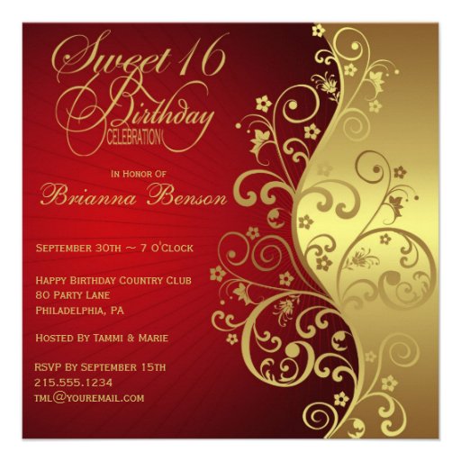 Red &  Gold 16th Birthday Party Invitation