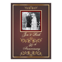 Red + Gold 50th Anniversary, Gold Swirls Photo Invitation