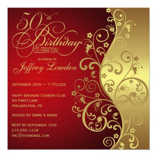 Red & Gold 50th Birthday Party Invitation (front side)