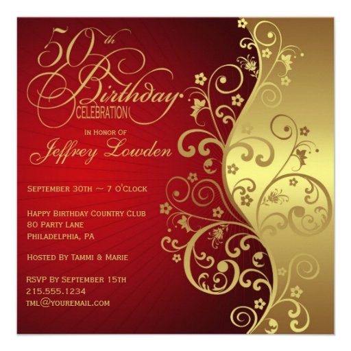 Red & Gold 50th Birthday Party Invitation