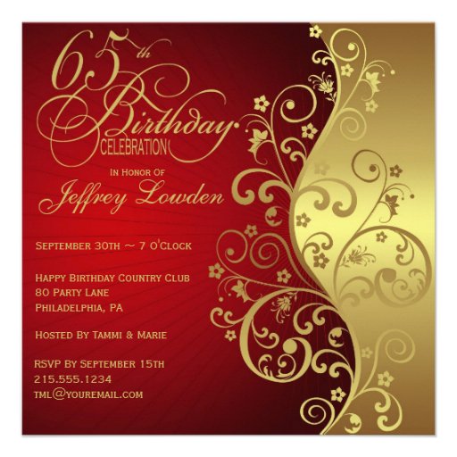 Red & Gold 65th Birthday Party Invitation