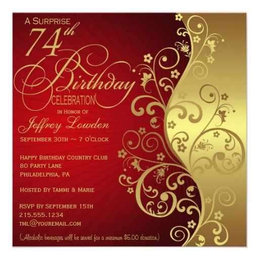 Red &  Gold 74th Birthday Party Invitation