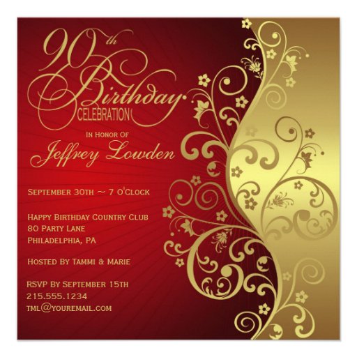 Red & Gold 90th Birthday Party Invitation