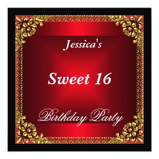 Red Gold and Black Sweet 16 Birthday Party Custom Invitation