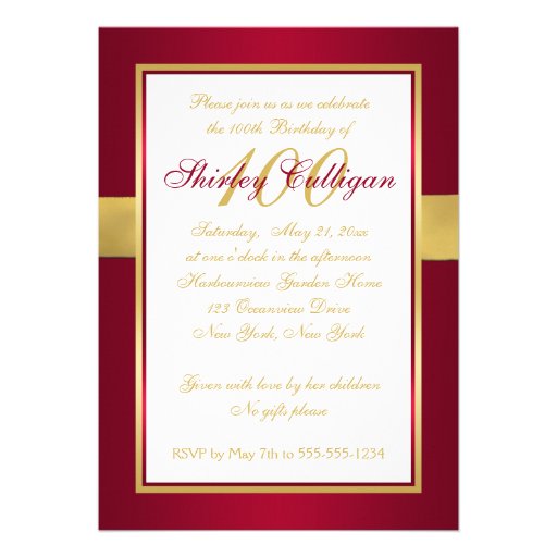 Red, Gold, and White 100th Birthday Invitation