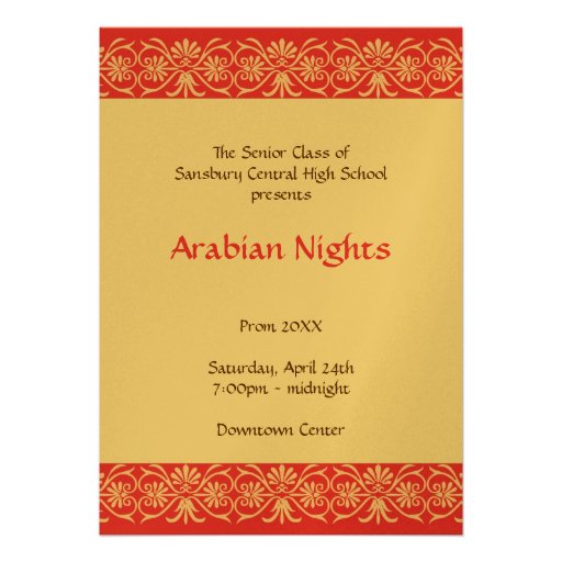 Red gold arabian junior senior prom formal dance personalized announcements (front side)