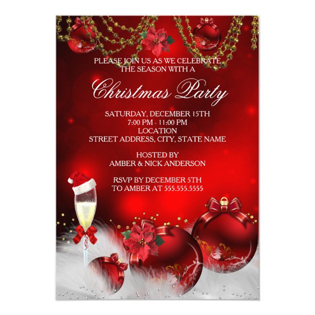 Red Gold Baubles Champagne Christmas Party Card