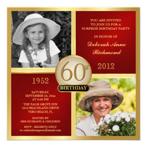 Red Gold Birthday Invitations Then & Now 2 Photos (front side)