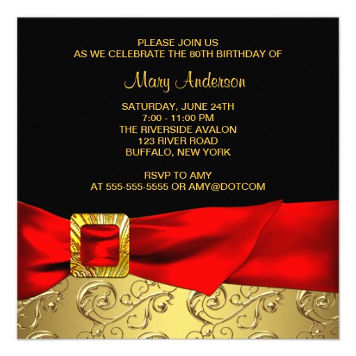 Red Gold Black Damask Womans 80th Birthday Party Invitation