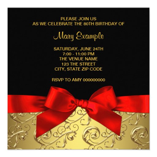Red Gold Black Damask Womans 80th Birthday Party Personalized Invitation