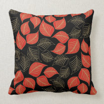 Red gold broad leaves pattern on black throw pillows