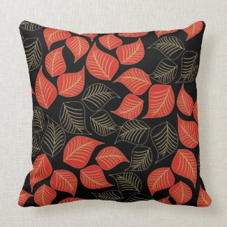 Red gold broad leaves pattern on black throwpillow