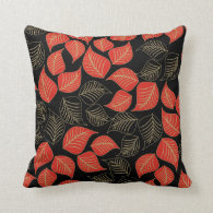 Red gold broad leaves pattern on black throw pillows