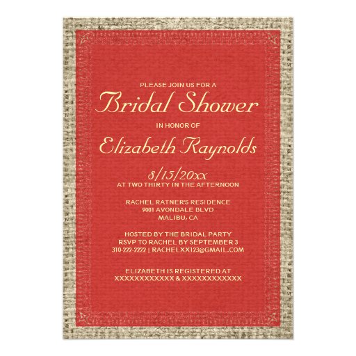 Red & Gold Burlap Bridal Shower Invitations