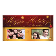 Red Gold Christmas Bulb Happy Holidays Photo Card