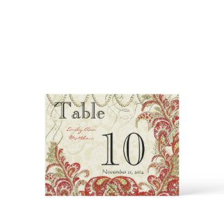 Red Gold Coral & Lime Paisley Wedding Table Number postcard