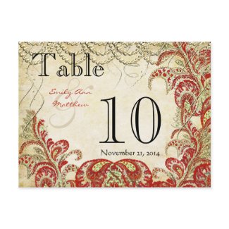 Red Gold Coral & Lime Paisley Wedding Table Number postcard