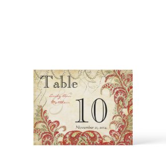 Red Gold Coral & Lime Paisley Wedding Table Number postcard