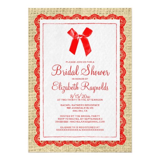 Red Gold Country Burlap Bridal Shower Invitations