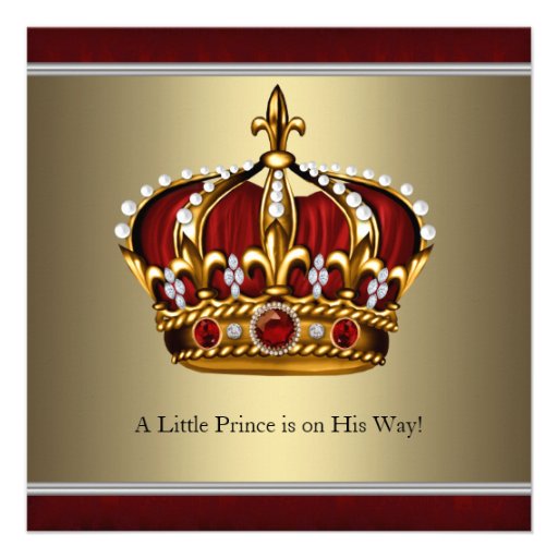 Red Gold Crown Little Prince Boy Baby Shower Custom Announcements