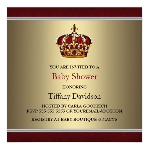 Red Gold Crown Little Prince Boy Baby Shower Custom Announcements