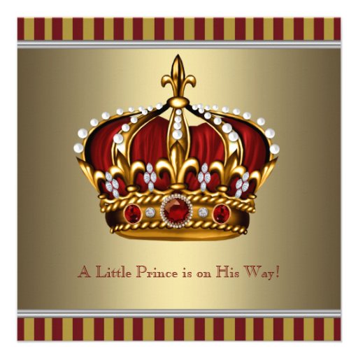 Red Gold Crown Little Prince Boy Baby Shower Custom Announcement