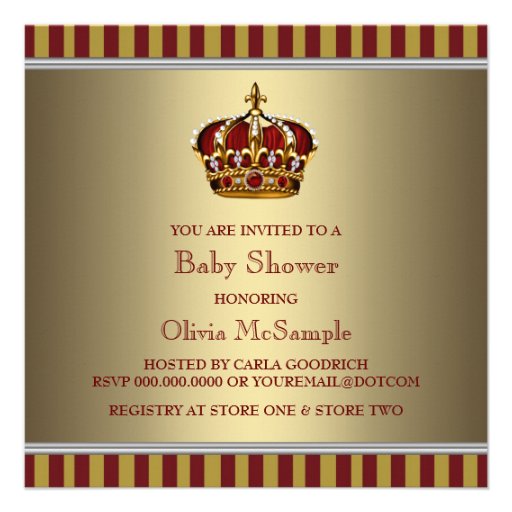 Red Gold Crown Little Prince Boy Baby Shower Custom Announcement