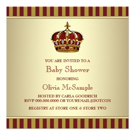 Red Gold Crown Little Prince Boy Baby Shower Custom Invite